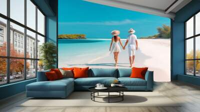 young couple walking on white sand beach on paradise island. Generative AI, Wall mural