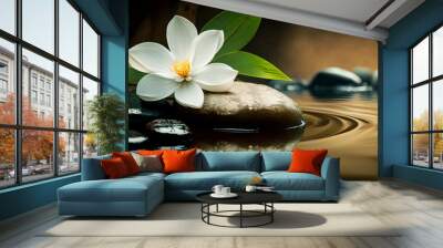 zen stones on a background of water and bamboo and lotus flowers. Generative AI, Wall mural