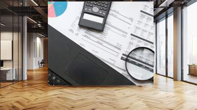 Financial documents - graphics, statistics, drawings, keyboard, laptop, magnifying glass in the office. Business, science, long hours of work. Wall mural