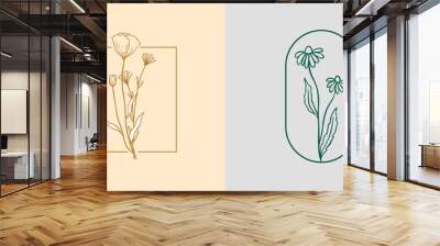 Chamomile and Poppy icon logo set. Wildflowers linear label sketch. Daisy frame emblem for branding. Outline vintage hand drawn herbs. Modern simple style. Vector illustration isolated on background. Wall mural