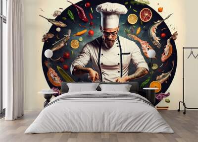 Man is cooking fish. Art Wall mural