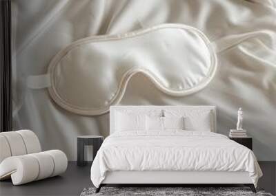 An elegant silk sleep mask on a white high-thread-count bed sheet, representing the peaceful rest available through quiet luxury travelling. Wall mural