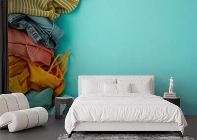 Background with copy space and a stack of assorted folded clothes on a turquoise backdrop. Wall mural