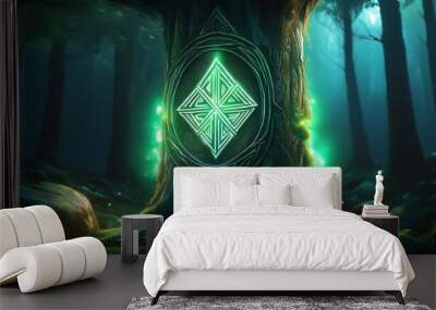 Ancient tree is adorned with a mystical glowing symbol, casting an otherworldly green light over the forest Wall mural