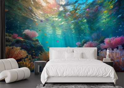 Underwater view of coral reef with tropical fish and rays of sunlight Wall mural