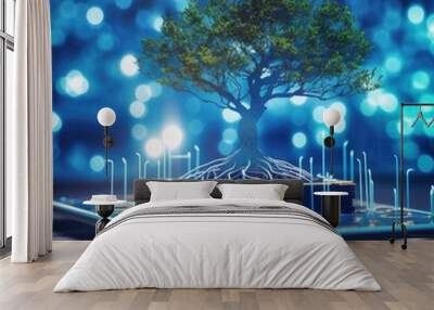 tree with soil growing at the convergence point of a computer circuit board. blue light and wirefram Wall mural