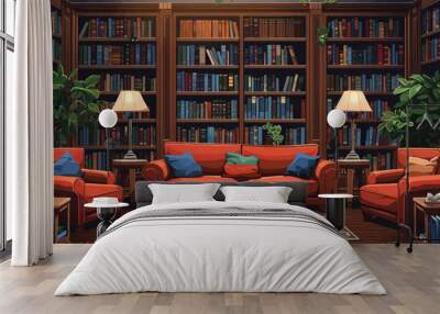 A flat vector of a library interior with bookshelves. Wall mural