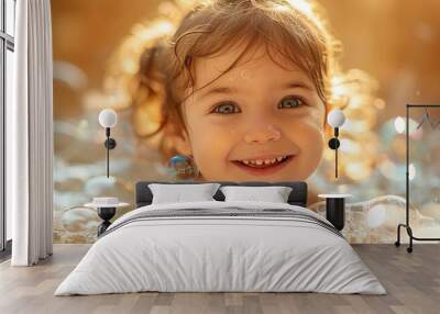 A young child gleefully playing with bubbles, eyes lit up with innocent joy and laughter. Wall mural