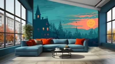 Haunted house with a bat flying above. Vector flat isolated. Wall mural