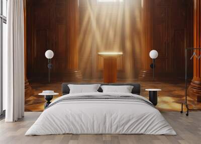 Polished wooden pedestal with a classic design, illuminated by soft lighting. Wall mural