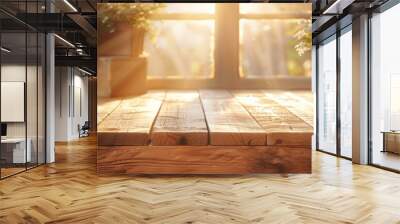 Rustic wooden podium with a natural finish, highlighted by warm, natural light. Wall mural