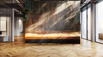 Rustic wooden podium with a natural finish, highlighted by warm, natural light. Wall mural