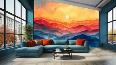 Watercolor abstract sunset over hills with stars on white. Wall mural