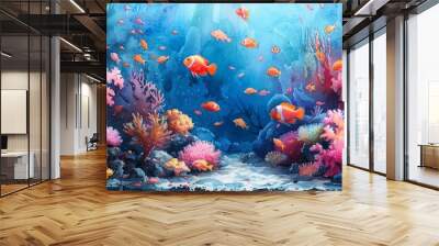 Watercolor abstract vibrant coral reef with fish. Wall mural