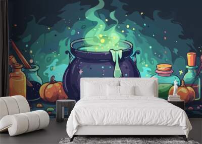 Witch's cauldron with potion ingredients around. Vector flat isolated. Wall mural