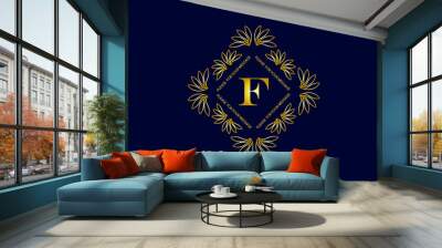 Graceful monogram with the letter F. Golden creative logo on a dark blue background. Floral vector illustration of business, cafe, office, restaurant, heraldry. Wall mural