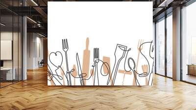 Cooking Seamless Pattern. Outline Cutlery Background. One Line Drawing of Isolated Kitchen Utensils. Cooking Design Poster. Vector illustration. Wall mural