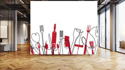 Cooking Seamless Pattern. Outline Cutlery Background. Trendy One Line Drawing.  Isolated Kitchen Utensils. Cooking Design Poster. Vector illustration. Wall mural