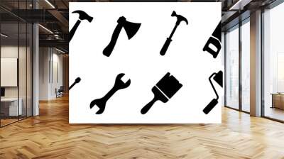 Tool or instrument icon collection in black. Construction tool silhouette icons. Screwdriver, wrench, wire cutter, drill, brush, hammer icons. Service and repair symbols Wall mural