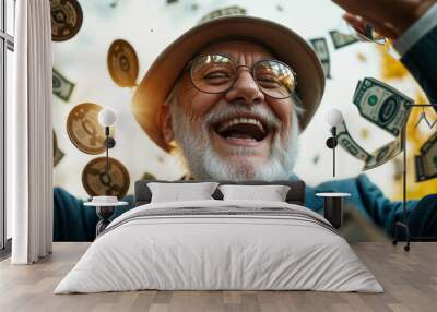 Happy retired man. Rich old man rejoices money. Elderly man in glasses Wall mural