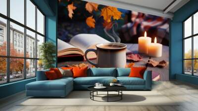 A ceramic cup of hot coffee or tea on a wooden table decorated with fallen autumn leaves Wall mural