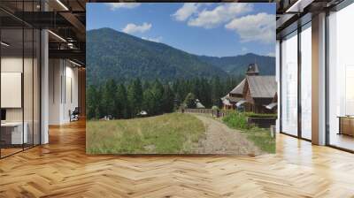 mountains in summer, carpathians, beautiful view of mountains and houses in mountains, countryside Wall mural