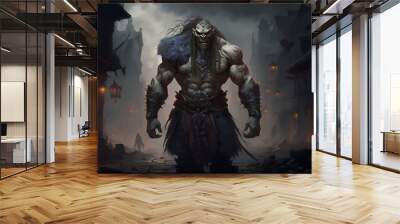 A strong ogre with a menacing look after destroying a village, Generative AI Wall mural