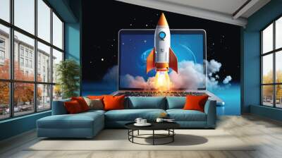 A rocket launches from a laptop screen on a blue background. Side view, 3D view Wall mural