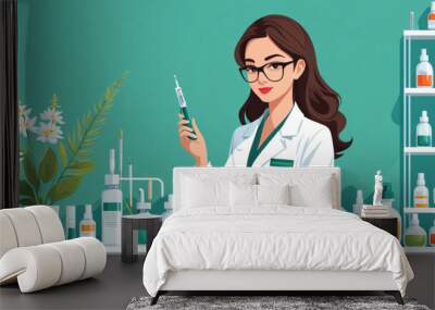 Pharmacist or scientist invents natural organic formula for cosmetics Young woman wearing a lab coat and holding a syringe containing a natural herbal serum. Organic cosmetics from the laboratory. Wall mural