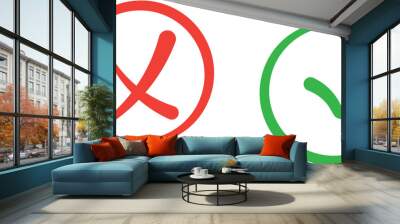 Professionally drawn illustration of a check mark and an error mark on a white background Wall mural