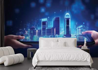 Smart city concept with real skyscrapers layout with glowing digital cloud technology icons on digital tablet screen holding businessman hand Wall mural