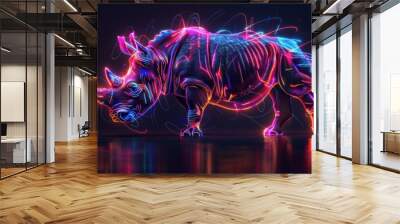 Futuristic Neon Electric Rhino Charging Forward in Digital Art Wall mural