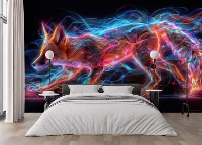 Neon Electric Fox - Futuristic Digital Artwork of Energetic Fox with Vibrant Neon Glow on Black Background Wall mural