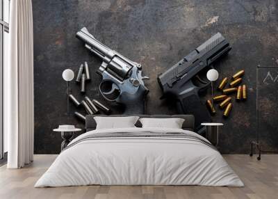 Hand guns , ammo ,Guns with ammunition on Dark background.  Wall mural