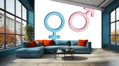 Pink and light blue paper cut male and female symbols isolated on transparent background. Wall mural