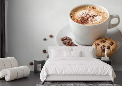 A cappuccino with a chocolate chip cookie on the side Wall mural