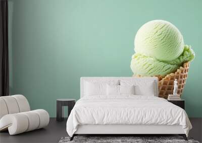 Close-up of lime ice cream in a waffle cone, pastel green background Wall mural