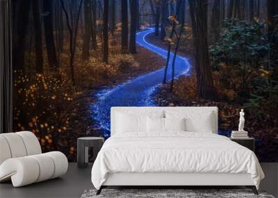 Enchanted forest path lined with bioluminescent plants Wall mural