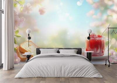 Fresh raspberry jam with toast surrounded by blooming flowers Wall mural