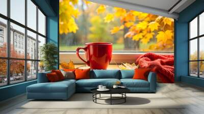 Red cup near window in autumn season AI Generative Wall mural