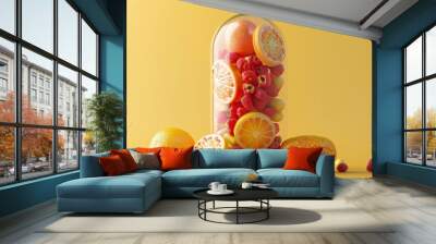 A giant pill capsule filled with fresh fruits, including oranges and raspberries, on a yellow background. The concept of healthy eating and vitamins. Wall mural