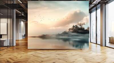 A serene island at dawn, surrounded by calm waters and soft clouds in pastel hues, creating a tranquil atmosphere. Wall mural