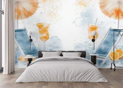 A serene summer scene featuring a lounge chair, refreshing drinks, and vibrant oranges, perfect for relaxation and vacation vibes. Wall mural