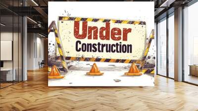 A vibrant 'Under Construction' sign surrounded by caution tape and cones, representing ongoing development and renovation. Wall mural