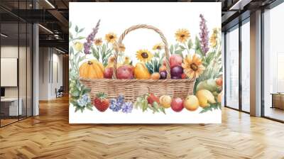 A vibrant basket filled with fresh fruits and colorful flowers, perfect for seasonal decorations and organic themes. Wall mural