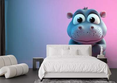 Adorable cartoon hippo character with big eyes, featuring a playful design against a soft pink and blue background. Wall mural