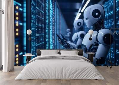 Futuristic robots interacting with advanced technology in a digital data environment, showcasing innovation and automation. Wall mural