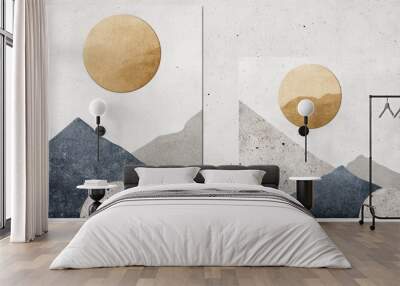 Mountain landscape paintings with a golden moon, tranquil night sky art two Wall mural