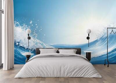 Ocean waves crashing against a bright blue sky, sunlight shining through the water.  vector graphic. Wall mural