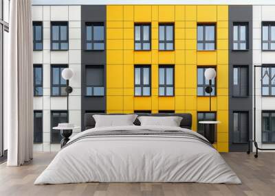 Vibrant yellow and white architectural design, a building with numerous windows characterized by modernity geometric patterns Wall mural